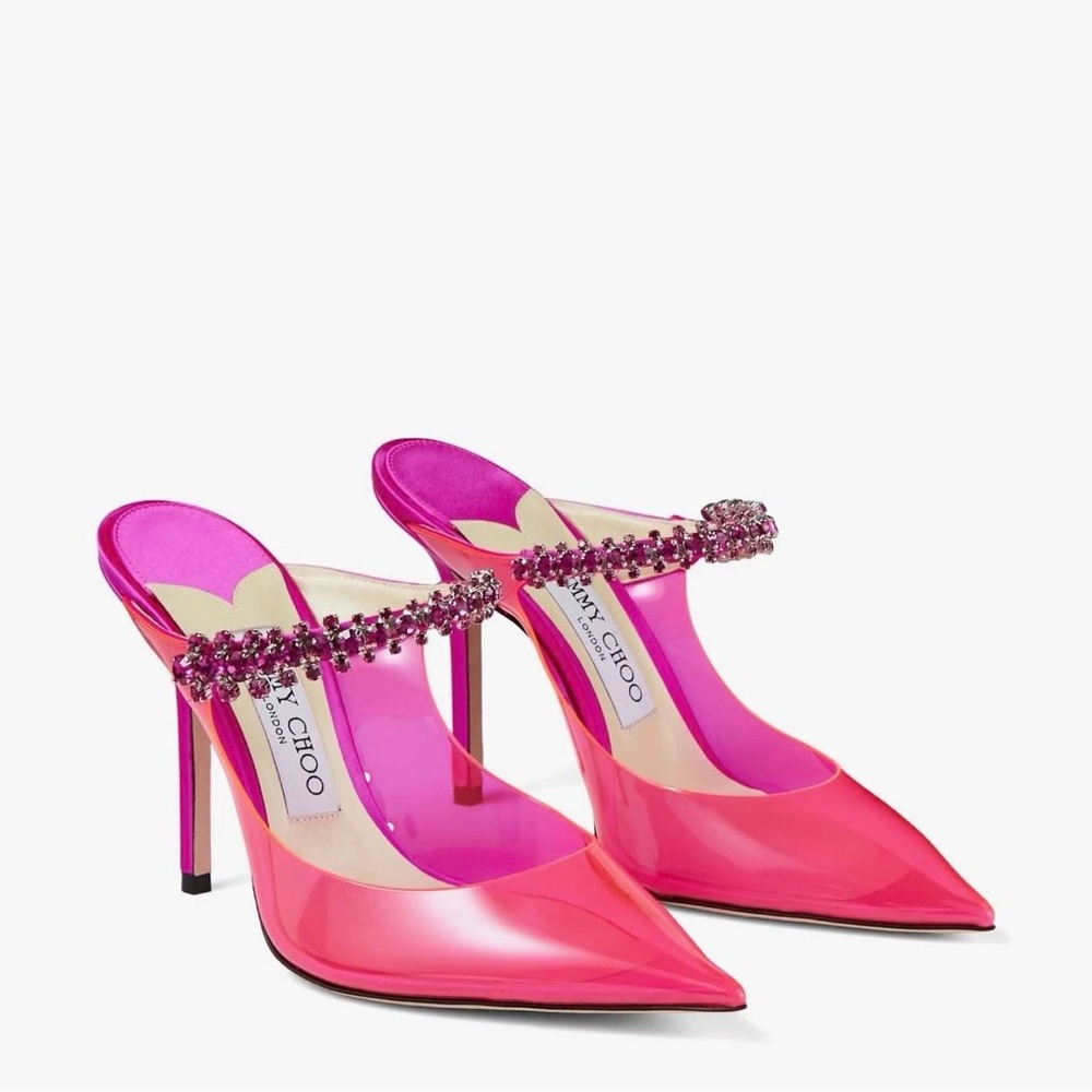 Jimmy Choo hot pink neon plexy mules with pink crystal strap